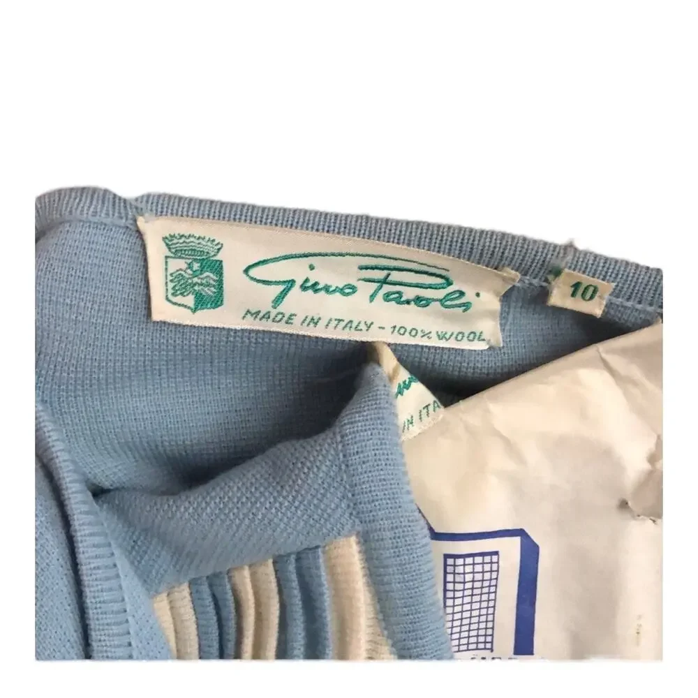 Vintage Gino Paoli 1960s Italian Wool 3-Piece Skirt Suit Set Blue Stripe Top S-M